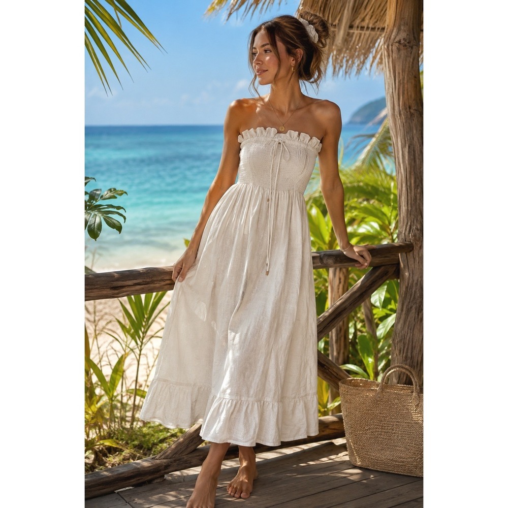 FREE PEOPLE Lush Life Strapless Linen Midi Dress L‎ Ivory Smocked Boho OB1959159